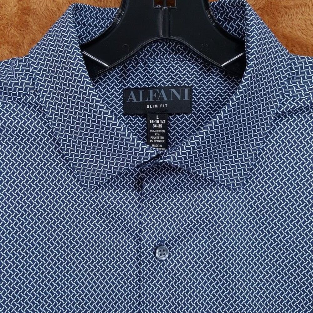 ALFANI Dress Shirt Mens Size 16 16.5 34 35 Navy Blue Slim Fit Geo Neat Stretch